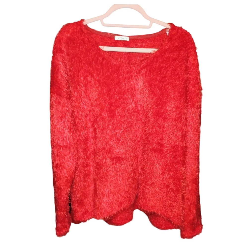 e. Luna Red‎ Fuzzy Shaggy Knit Sweater Women's L– Soft Cozy Textured Pullover